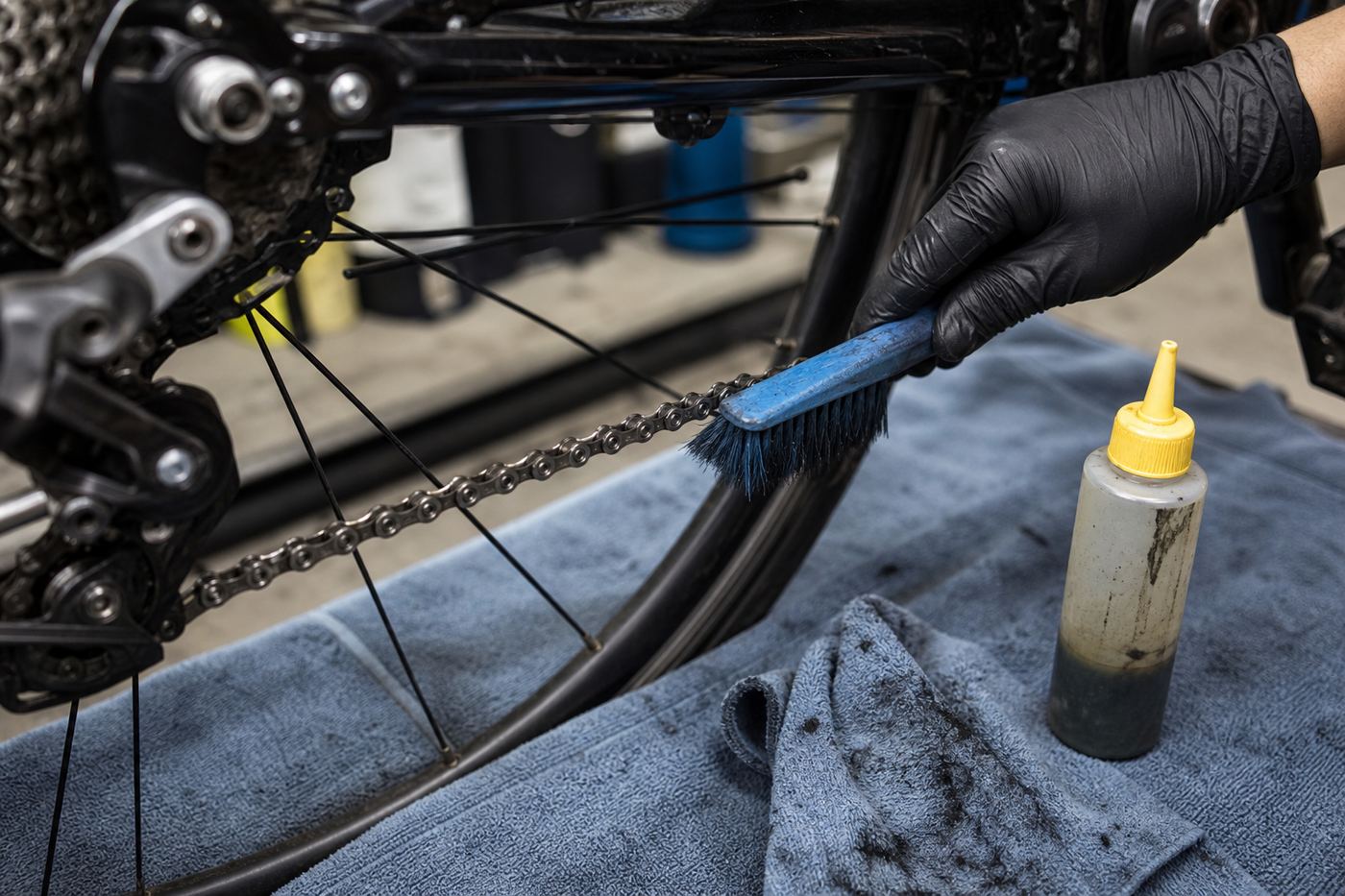 Bicycle chain care on the bench