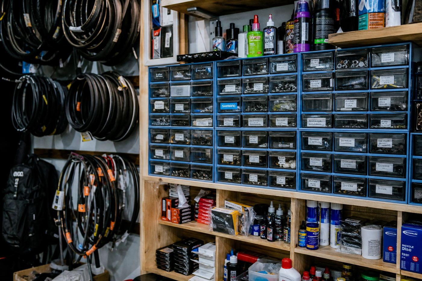 Spare parts organised in the cycle shop