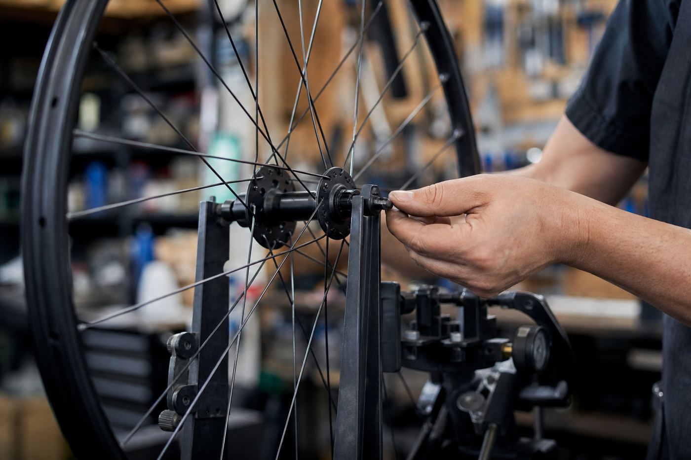 Bicycle wheel on a repair stand